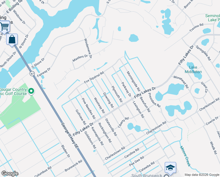 map of restaurants, bars, coffee shops, grocery stores, and more near Plymouth Road in Boiling Spring Lakes