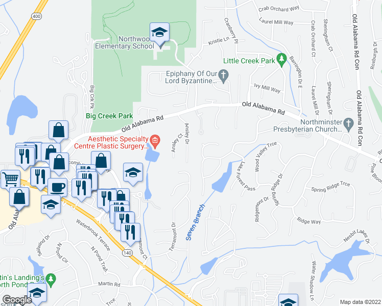 map of restaurants, bars, coffee shops, grocery stores, and more near 460 Ansley Drive in Roswell