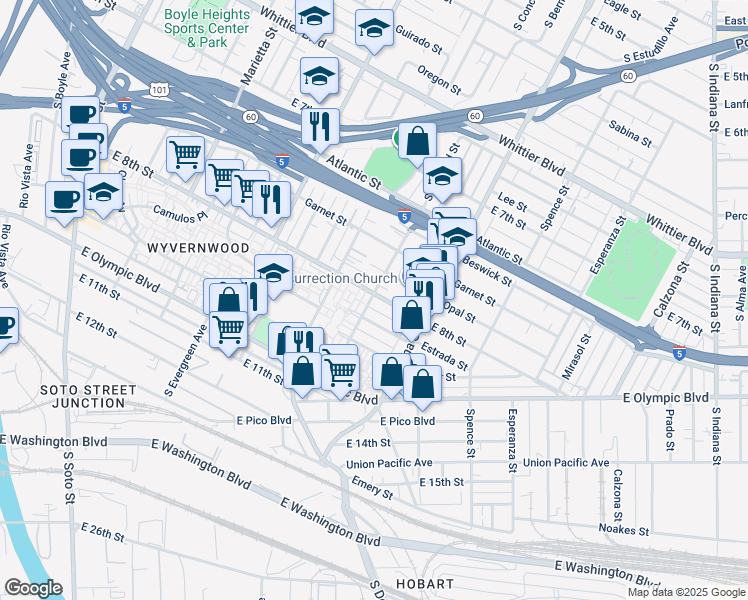 map of restaurants, bars, coffee shops, grocery stores, and more near 3300 East 8th Street in Los Angeles