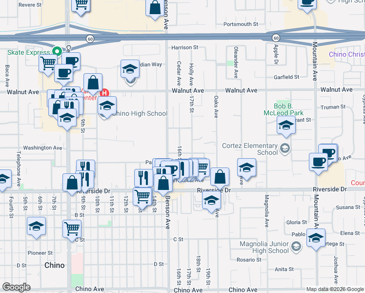 map of restaurants, bars, coffee shops, grocery stores, and more near 12723 16th Street in Chino
