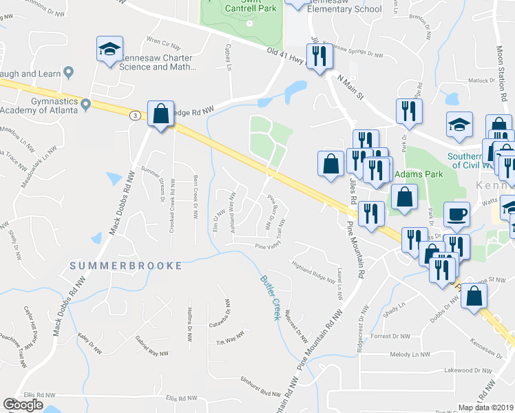 map of restaurants, bars, coffee shops, grocery stores, and more near 34 Hickory Knoll Trail Northwest in Kennesaw
