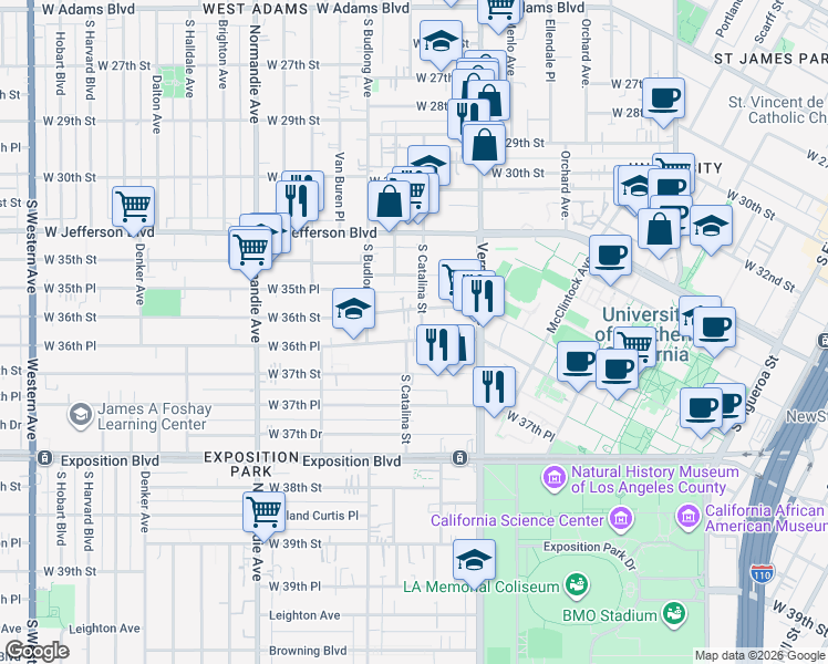 map of restaurants, bars, coffee shops, grocery stores, and more near 1189 West 36th Place in Los Angeles