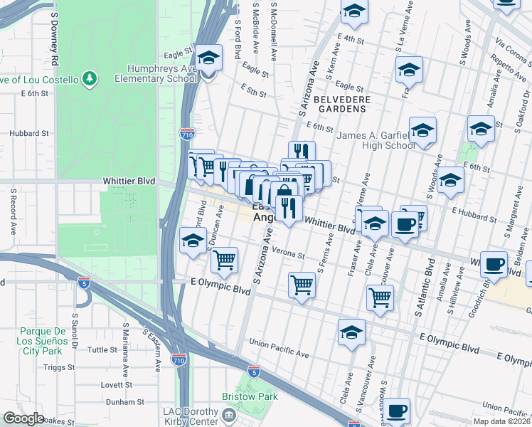 map of restaurants, bars, coffee shops, grocery stores, and more near in East Los Angeles