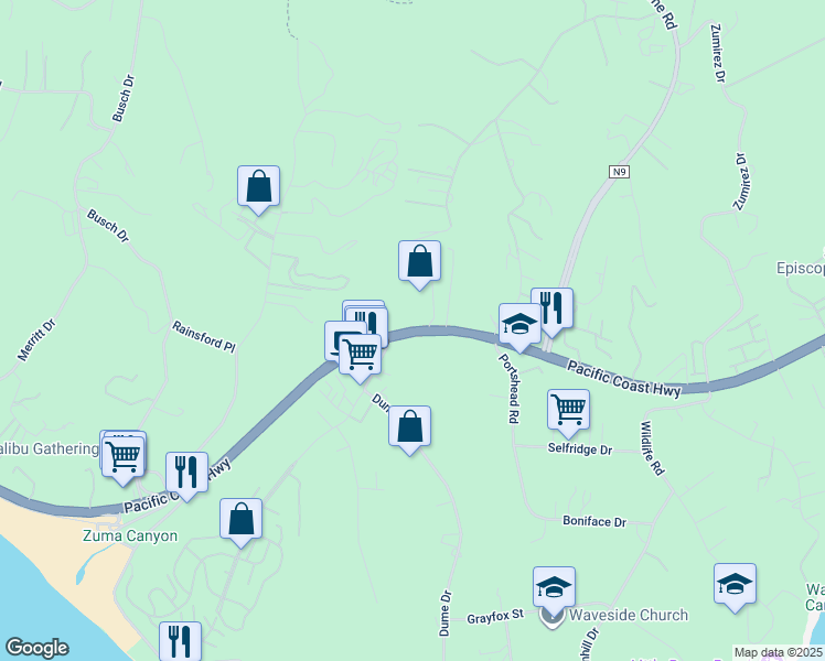 map of restaurants, bars, coffee shops, grocery stores, and more near Pacific Coast Highway in Malibu