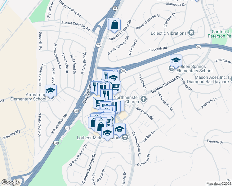 map of restaurants, bars, coffee shops, grocery stores, and more near 221 El Vado Road in Diamond Bar