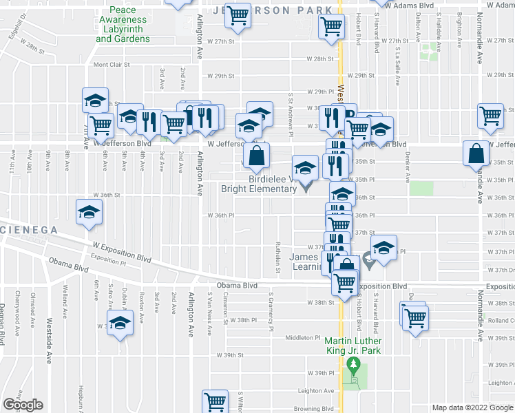 map of restaurants, bars, coffee shops, grocery stores, and more near 3613 South Gramercy Place in Los Angeles