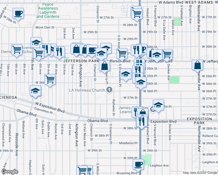 map of restaurants, bars, coffee shops, grocery stores, and more near 3612 South Gramercy Place in Los Angeles
