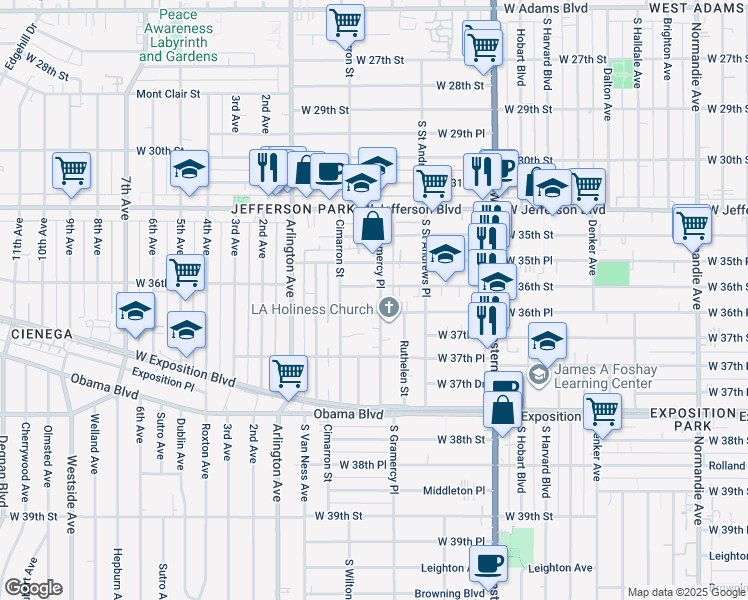 map of restaurants, bars, coffee shops, grocery stores, and more near 3613 South Gramercy Place in Los Angeles