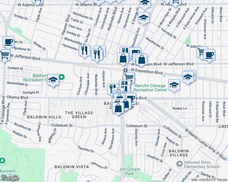 map of restaurants, bars, coffee shops, grocery stores, and more near 3513 South Sycamore Avenue in Los Angeles