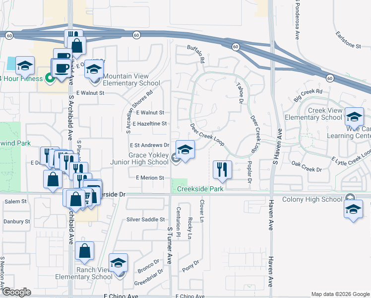 map of restaurants, bars, coffee shops, grocery stores, and more near 2804 Rippling Brook Place in Ontario