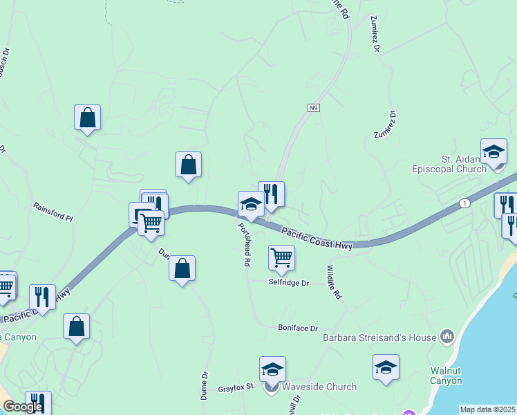 map of restaurants, bars, coffee shops, grocery stores, and more near 6472 Cavalleri Road in Malibu