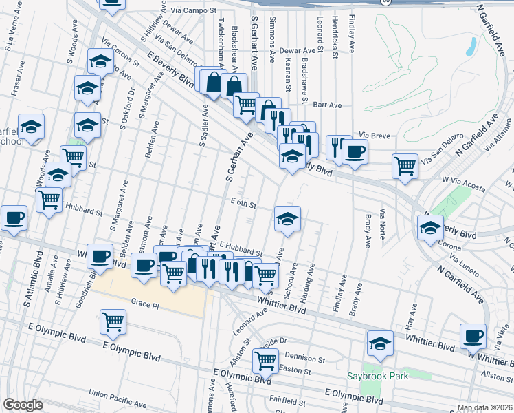 map of restaurants, bars, coffee shops, grocery stores, and more near East 6th Street & Keenan Avenue in Los Angeles