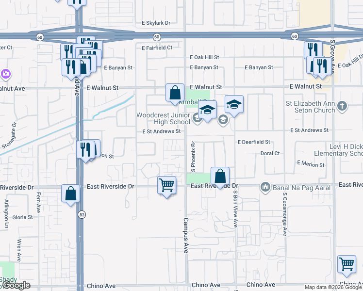 map of restaurants, bars, coffee shops, grocery stores, and more near 683 Joseph Privado in Ontario