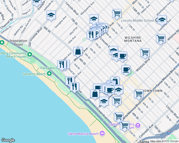map of restaurants, bars, coffee shops, grocery stores, and more near in Santa Monica
