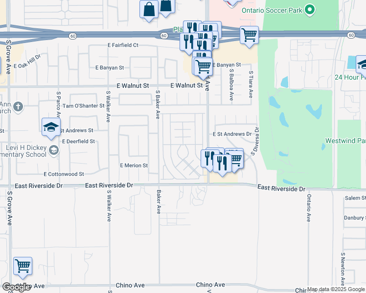 map of restaurants, bars, coffee shops, grocery stores, and more near 1855 East Riverside Drive in Ontario