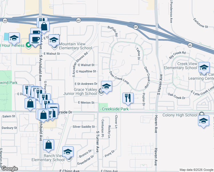 map of restaurants, bars, coffee shops, grocery stores, and more near 2804 Rippling Brook Place in Ontario