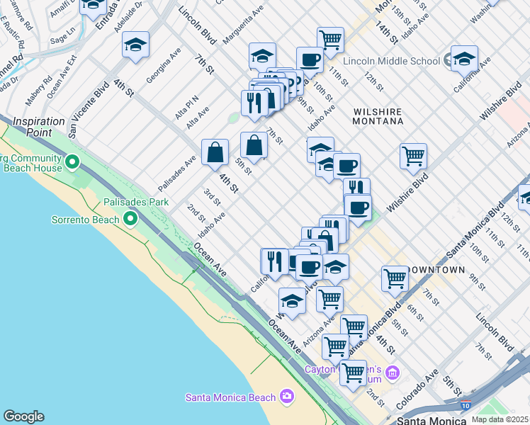 map of restaurants, bars, coffee shops, grocery stores, and more near in Santa Monica
