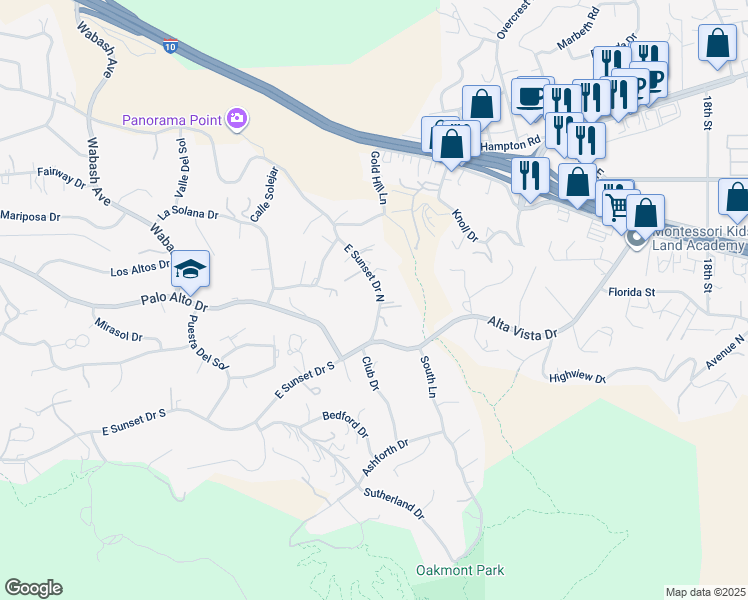 map of restaurants, bars, coffee shops, grocery stores, and more near 31063 East Sunset Drive North in Redlands