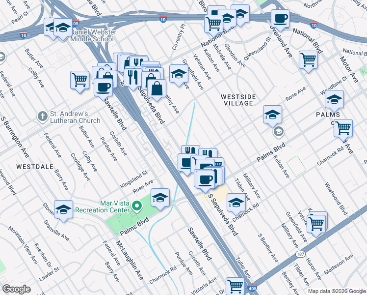 map of restaurants, bars, coffee shops, grocery stores, and more near 3310 South Sepulveda Boulevard in Los Angeles