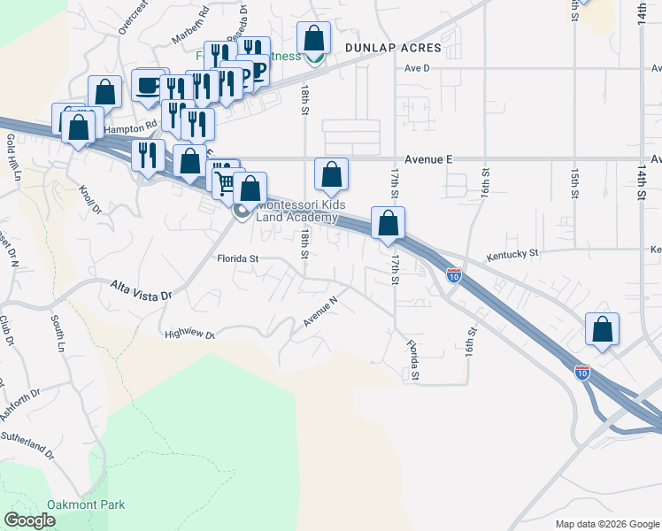map of restaurants, bars, coffee shops, grocery stores, and more near 31743 Outer Highway 10 South in Redlands