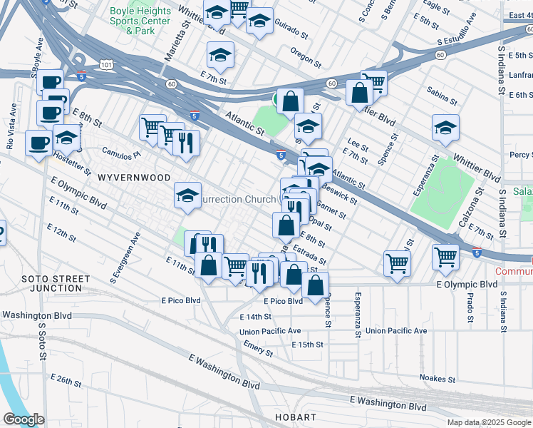 map of restaurants, bars, coffee shops, grocery stores, and more near 3313 East 8th Street in Los Angeles