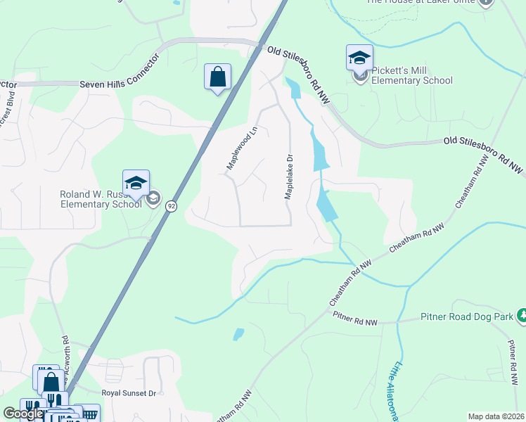 map of restaurants, bars, coffee shops, grocery stores, and more near 136 Maplewood Cove in Acworth
