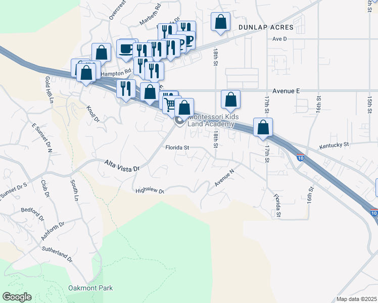 map of restaurants, bars, coffee shops, grocery stores, and more near 31607 Florida Street in Redlands