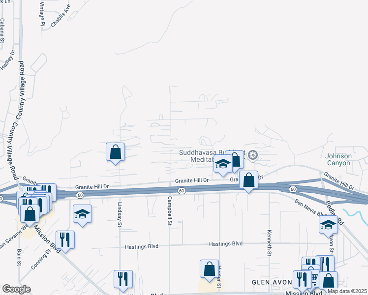 map of restaurants, bars, coffee shops, grocery stores, and more near 3604 Campbell Street in Riverside