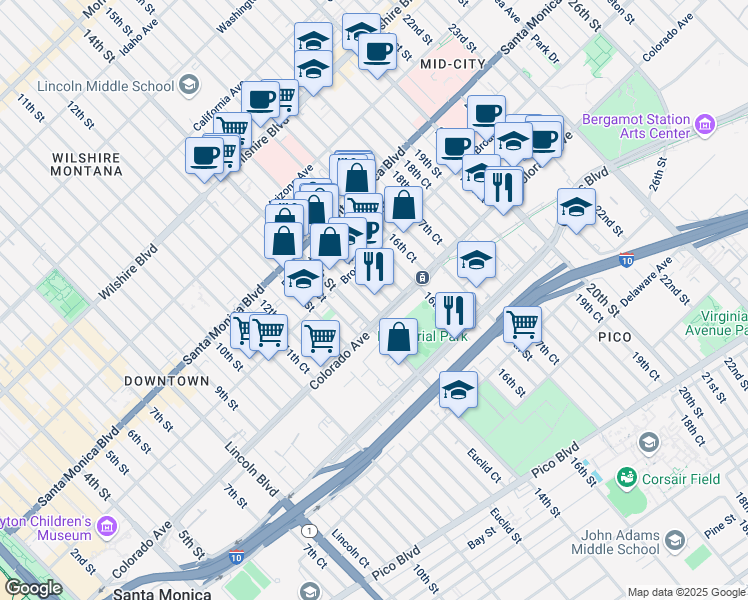 map of restaurants, bars, coffee shops, grocery stores, and more near 1542 15th Street in Santa Monica