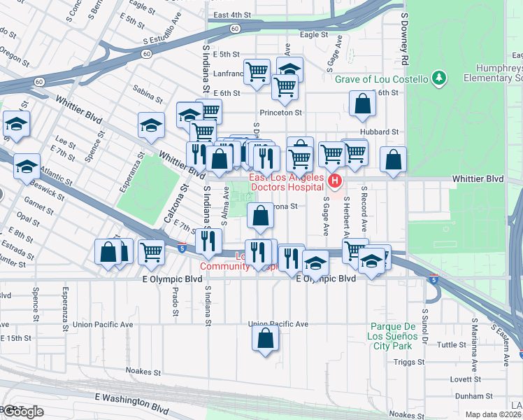 map of restaurants, bars, coffee shops, grocery stores, and more near 1008 South Ditman Avenue in Los Angeles