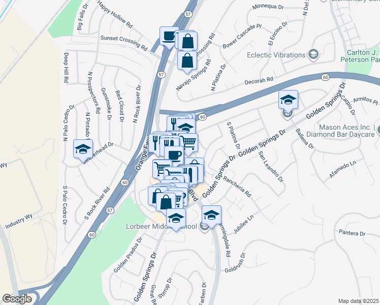 map of restaurants, bars, coffee shops, grocery stores, and more near 221 El Vado Road in Diamond Bar