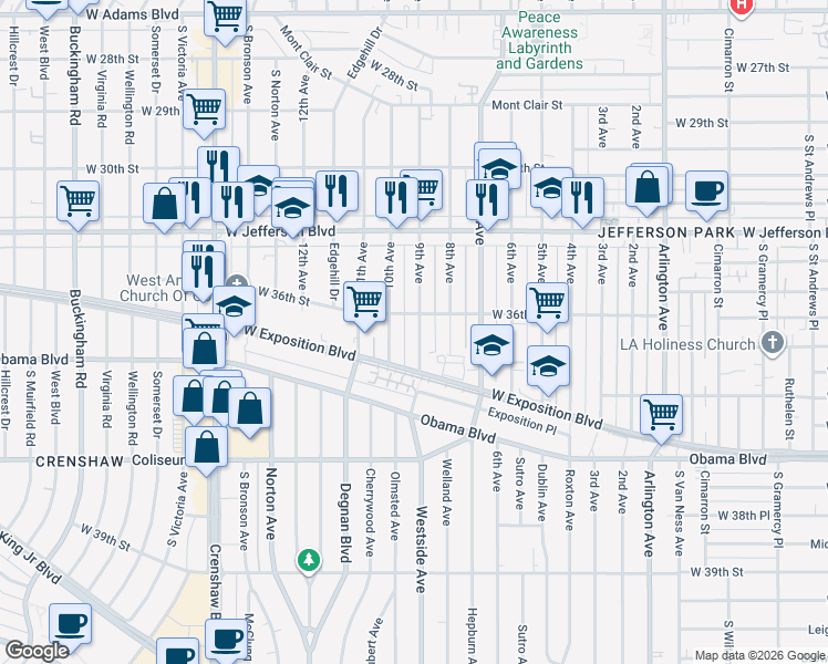 map of restaurants, bars, coffee shops, grocery stores, and more near 2909 West 36th Street in Los Angeles