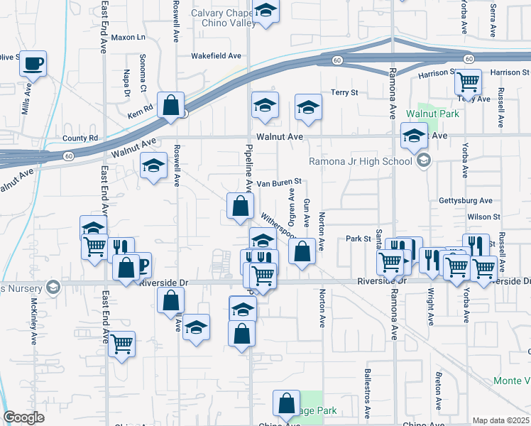 map of restaurants, bars, coffee shops, grocery stores, and more near 555 Pate Place in Chino