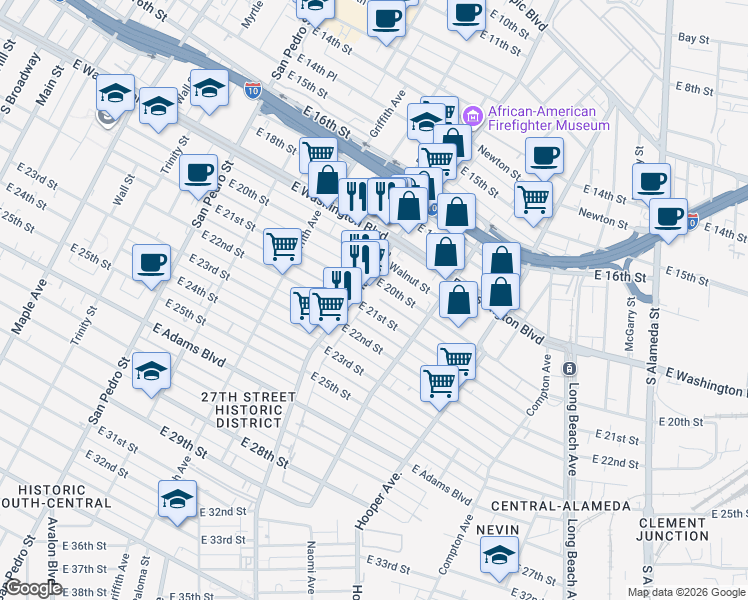 map of restaurants, bars, coffee shops, grocery stores, and more near 1315 East 21st Street in Los Angeles