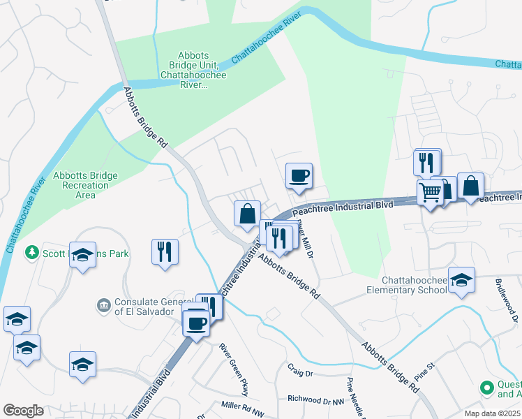 map of restaurants, bars, coffee shops, grocery stores, and more near 3182 Hartford Mill Place in Duluth