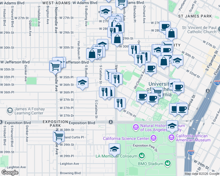 map of restaurants, bars, coffee shops, grocery stores, and more near 1125 West 36th Place in Los Angeles