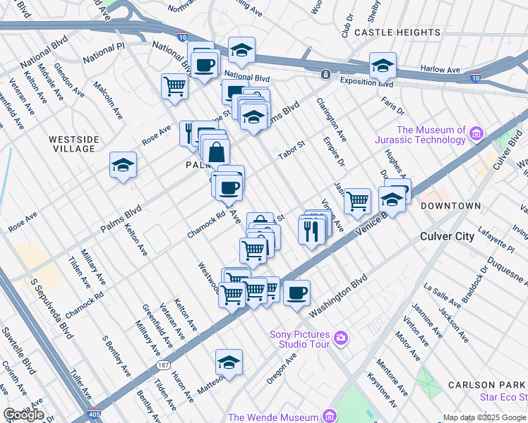 map of restaurants, bars, coffee shops, grocery stores, and more near 3636 Keystone Avenue in Los Angeles