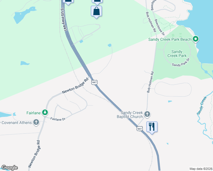 map of restaurants, bars, coffee shops, grocery stores, and more near 2860 Commerce Road in Athens