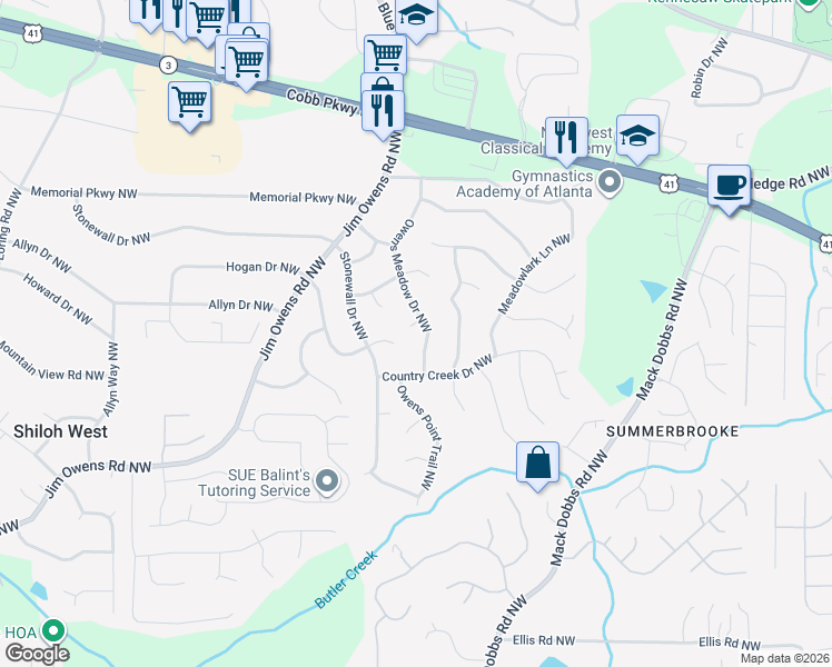 map of restaurants, bars, coffee shops, grocery stores, and more near 3345 Owens Meadow Court Northwest in Kennesaw