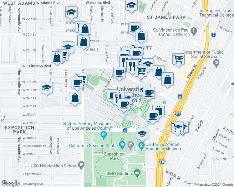 map of restaurants, bars, coffee shops, grocery stores, and more near 3501 Watt Way in Los Angeles