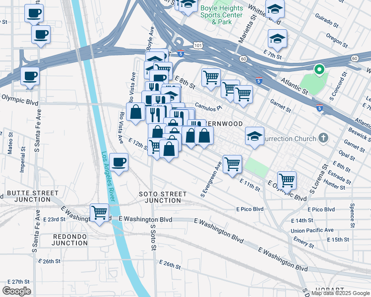 map of restaurants, bars, coffee shops, grocery stores, and more near 2740 East Olympic Boulevard in Los Angeles