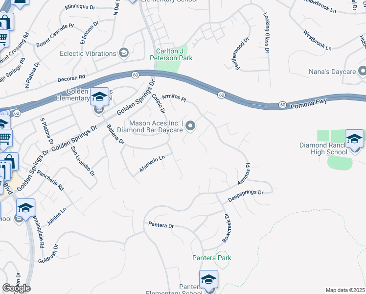 map of restaurants, bars, coffee shops, grocery stores, and more near 24301 Darrin Drive in Diamond Bar