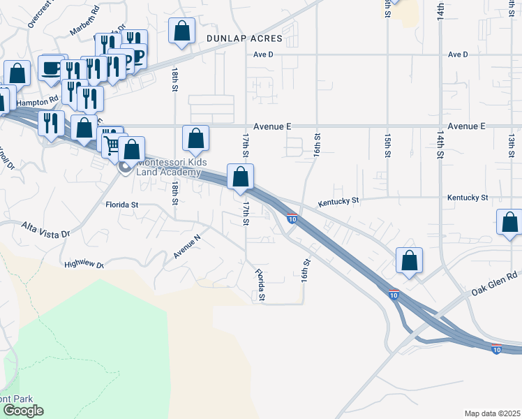 map of restaurants, bars, coffee shops, grocery stores, and more near 31951 Outer Highway 10 South in Redlands
