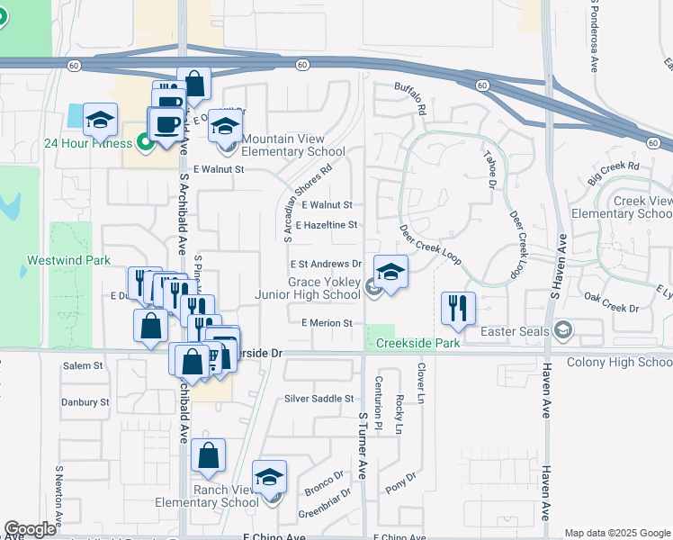 map of restaurants, bars, coffee shops, grocery stores, and more near 3020 East Saint Andrews Drive in Ontario