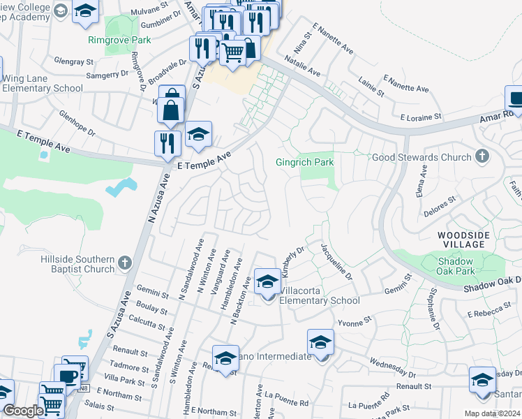 map of restaurants, bars, coffee shops, grocery stores, and more near 17350 East Temple Avenue in La Puente