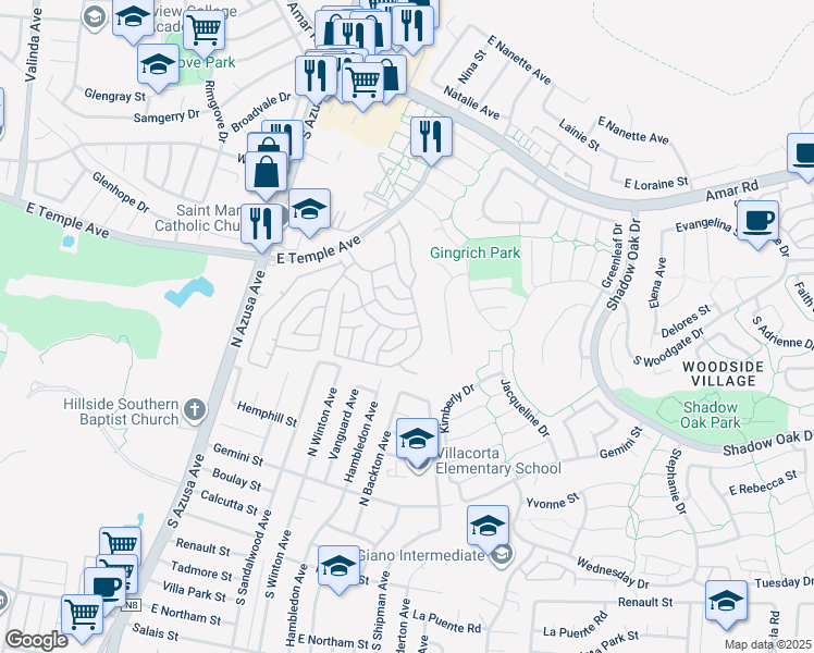 map of restaurants, bars, coffee shops, grocery stores, and more near 17350 East Temple Avenue in La Puente