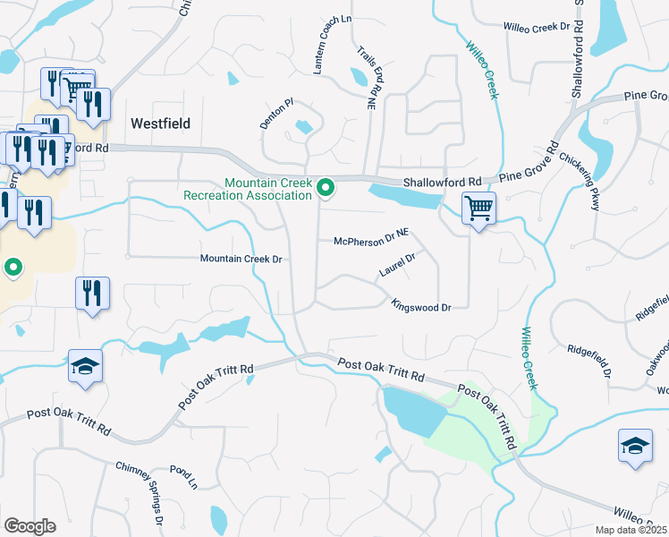 map of restaurants, bars, coffee shops, grocery stores, and more near 3030 Mountain Trace Northeast in Roswell
