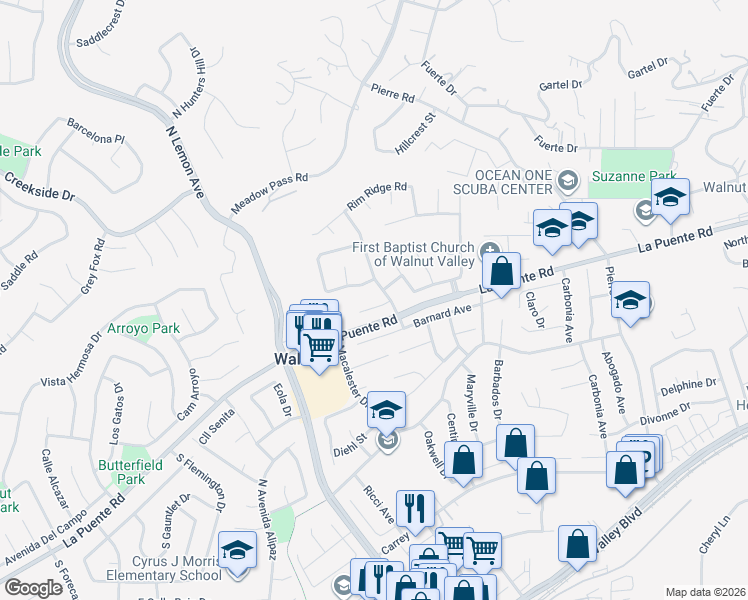 map of restaurants, bars, coffee shops, grocery stores, and more near 609 Citadel Drive in Walnut