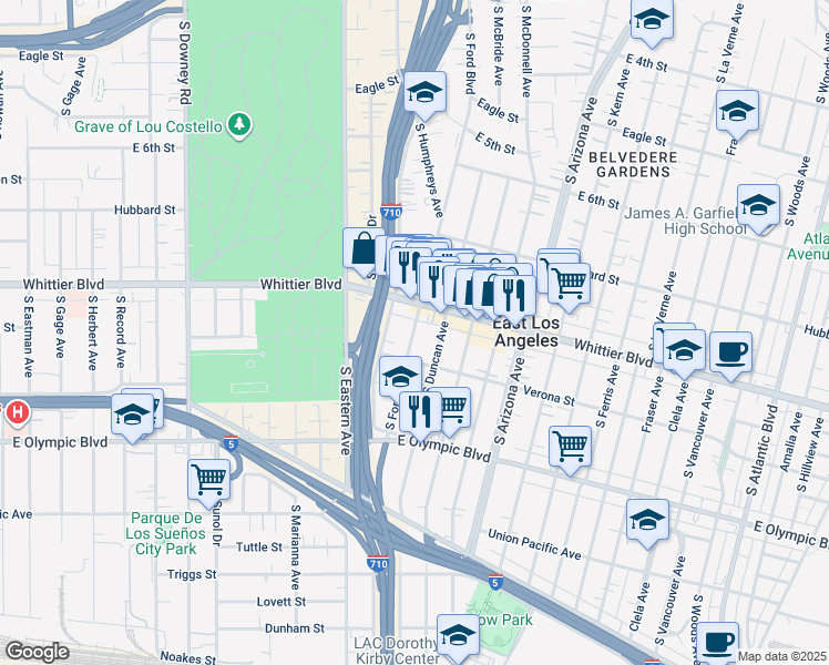 map of restaurants, bars, coffee shops, grocery stores, and more near in East Los Angeles