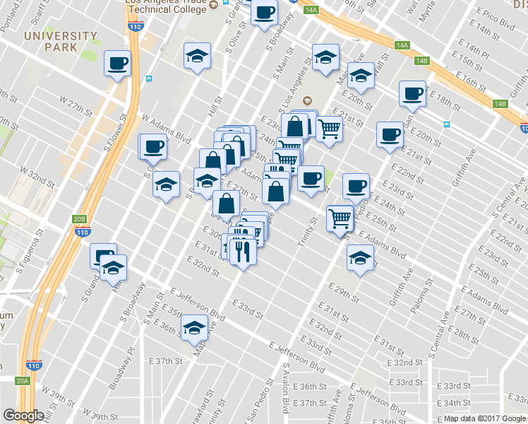 map of restaurants, bars, coffee shops, grocery stores, and more near 258 East Adams Boulevard in Los Angeles